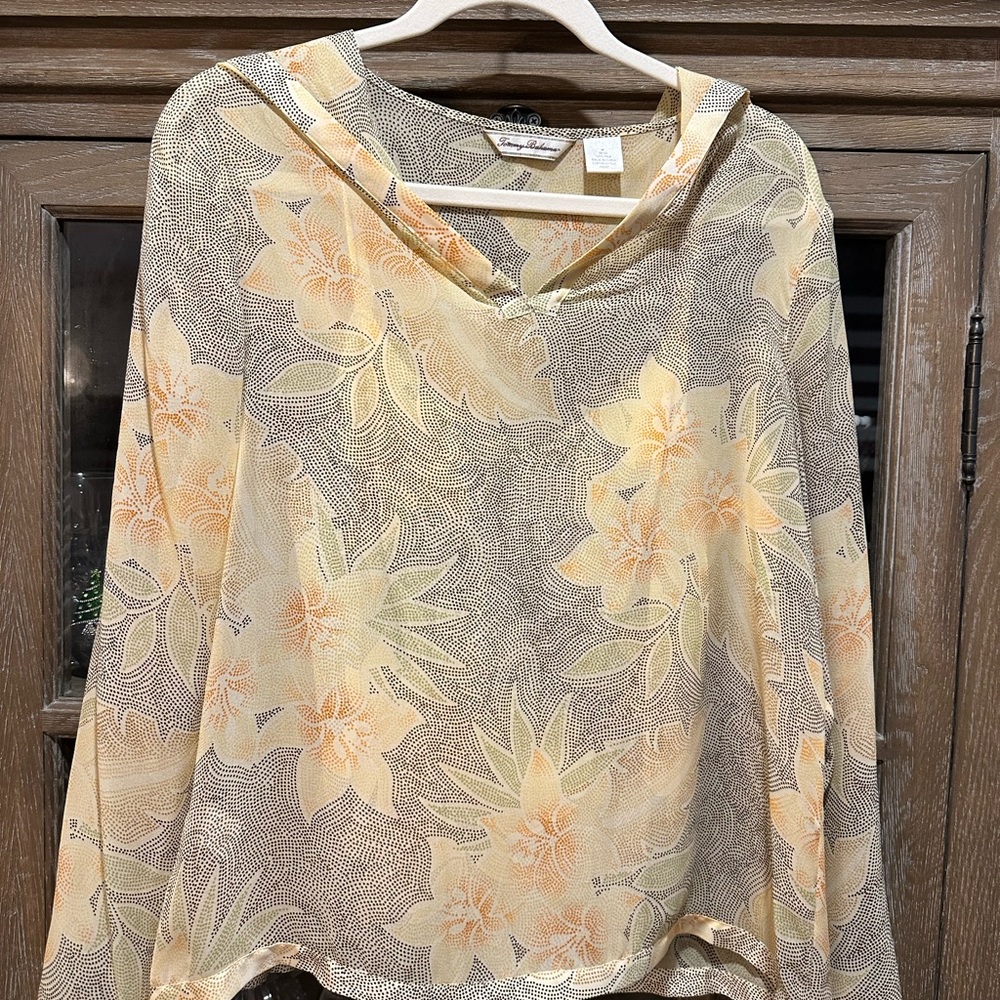 Tommy Bahama Sheer Floral Hooded Blouse in Yellow and Tan